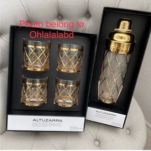 ALTUZARRA 18K GOLD COCKTAIL SHAKER Doubled Old Fashion GLASSES Full Set Gift Box